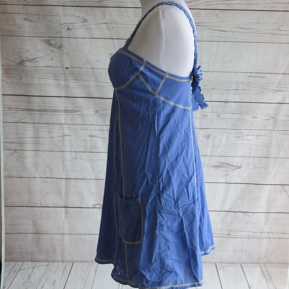 Miss Me Blue Beige Trim Embroidered Lined Sleeveless Summer Dress - Size Small - Picture 4 of 8
